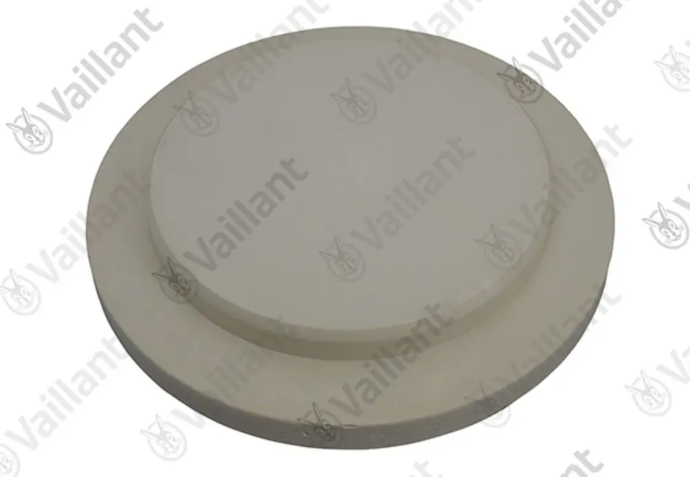 Vaillant Isolierung in runder Form, bestehend aus hellem Material, mit glatter Oberfläche und einem erhabenen Rand. Geeignet als Deckel für Systeme oder Geräte.